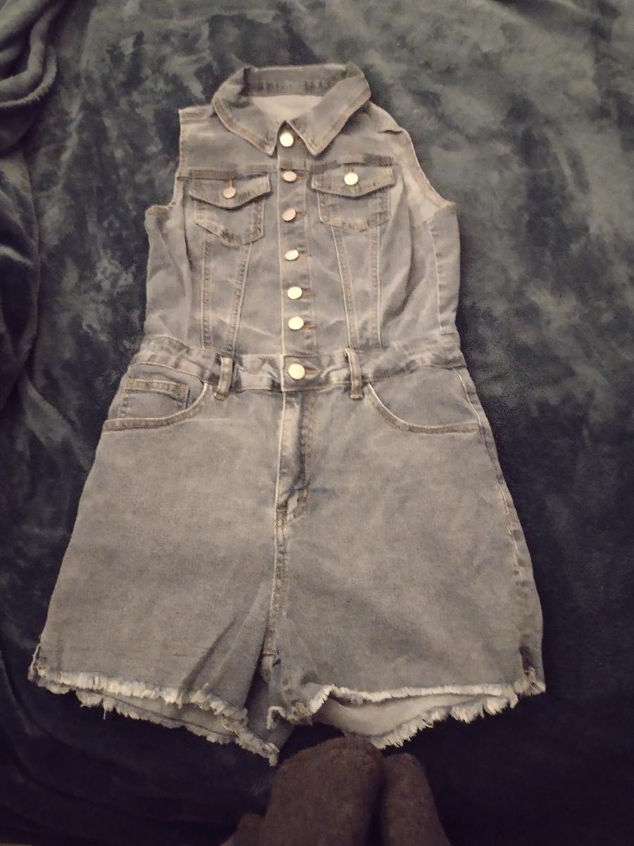 Blue Washed Denim Bodysuit Raw Hem Romper Shorts a Stylish