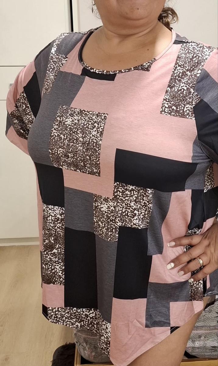 Checkered Print Curve Blouse Short Sleeve Round Neck Casual