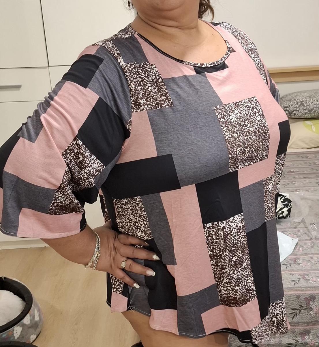Checkered Print Curve Blouse Short Sleeve Round Neck Casual