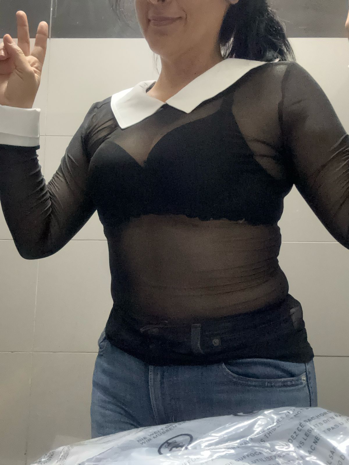 Chic Sheer Mesh Blouse Long Sleeve Attractive T‑Shirt for Women