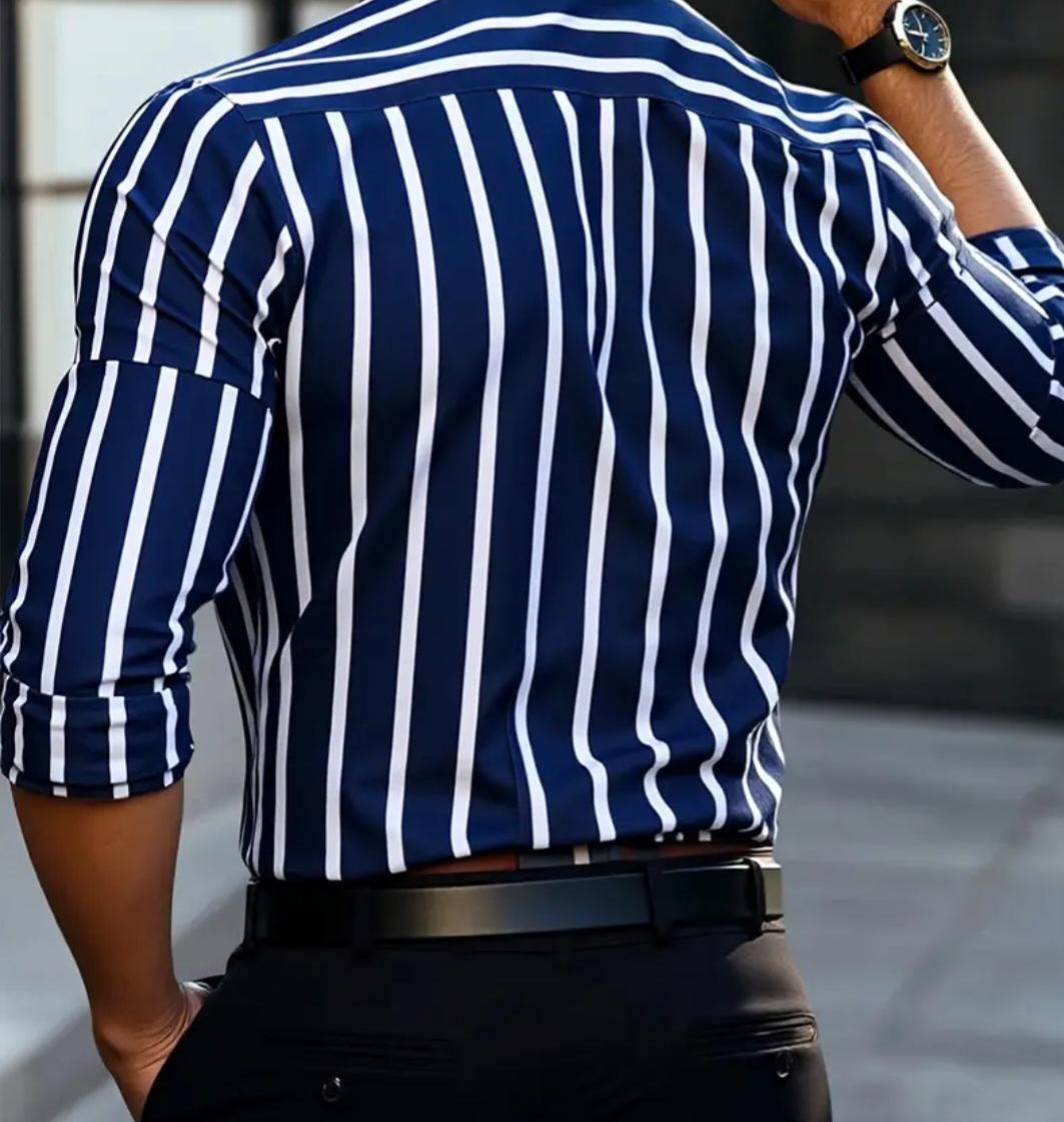 Men Casual Business Shirt Outdoor Comfortable Button-Up Striped