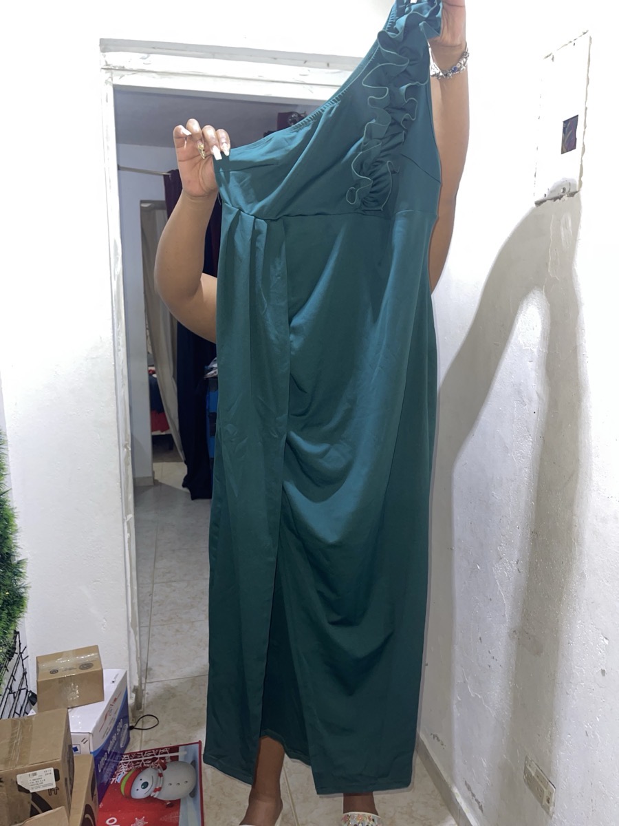 Maxi Dress One-Shoulder Ruffle Detail Adorable Sleeveless Elegant