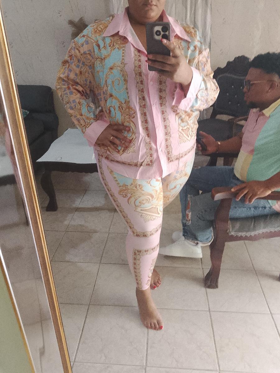 British Print Top and Pants Plus Size Charming 2-Piece Pencil Long Sleeve Set