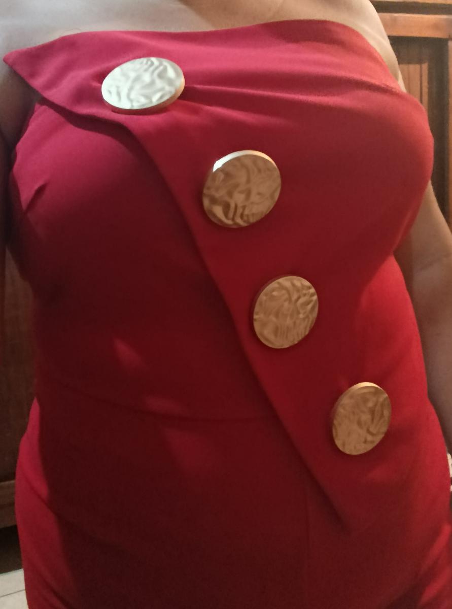 Red Strapless Elegant Jumpsuit with Metal Buckle, Fitted Waist