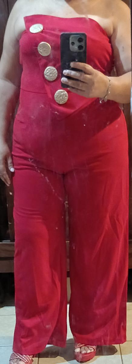 Red Strapless Elegant Jumpsuit with Metal Buckle, Fitted Waist