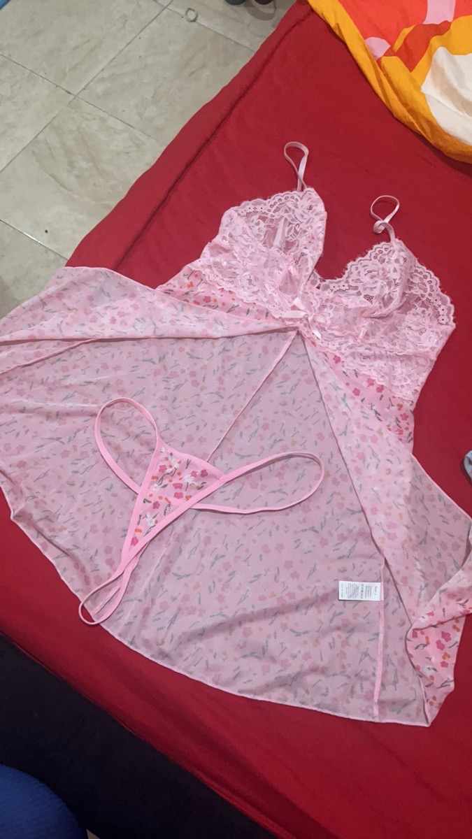 Women Babydoll Nightdress Pink Alluring Floral Lingerie Set