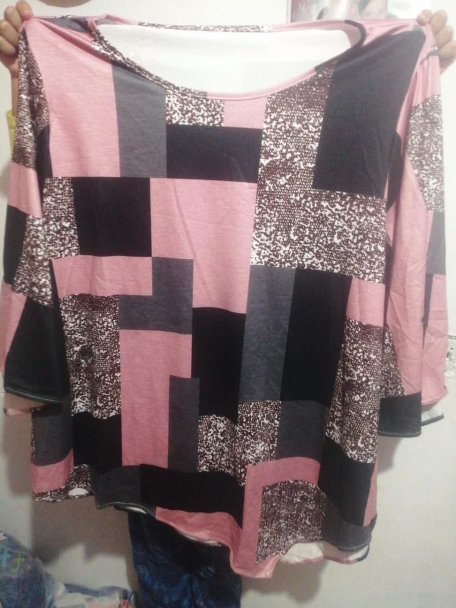 Checkered Print Curve Blouse Short Sleeve Round Neck Casual