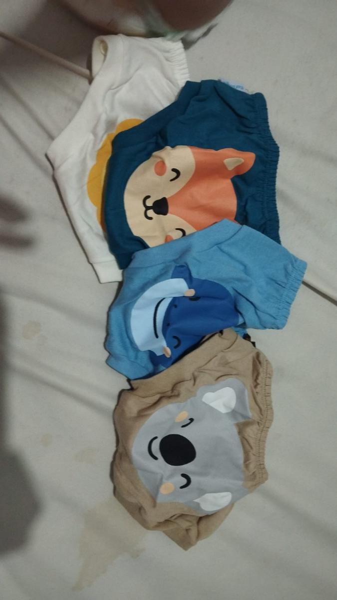 Quatro cuecas tapa fralda infantis dobradas, mostrando as estampas de animais: raposa, tubarão, leão e koala.